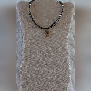 Handmade Gold & Bronze Pearls & Drecatcher Charm Black Leather Necklace